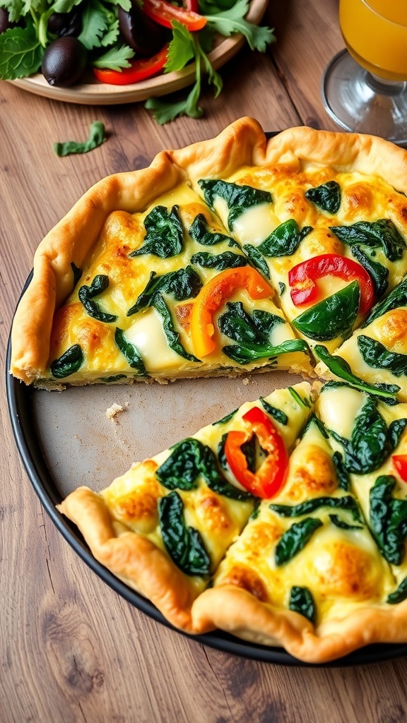 A slice of gluten-free vegetable quiche with spinach and bell peppers, served on a rustic table with a side salad.